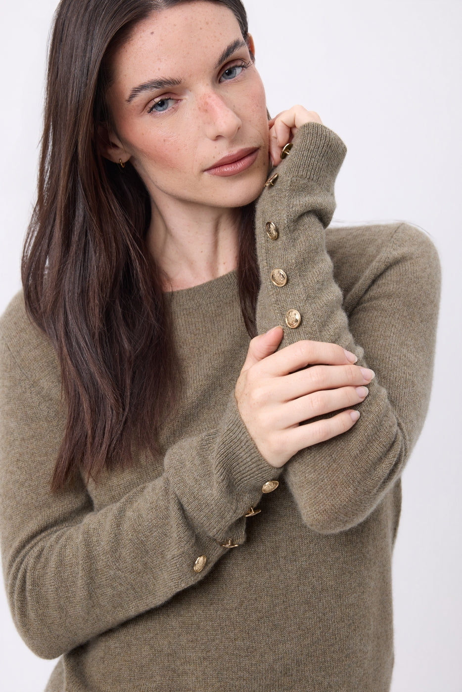 Pull Col Rond Boutons Dorés Manches Ballon Bold - Khaki Chine - Femme