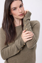Pull Col Rond Boutons Dorés Manches Ballon Bold - Khaki Chine - Femme