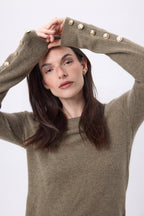 Pull Col Rond Boutons Dorés Manches Ballon Bold - Khaki Chine - Femme