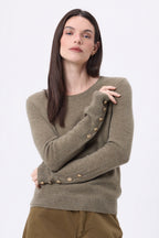 Pull Col Rond Boutons Dorés Manches Ballon Bold - Khaki Chine - Femme
