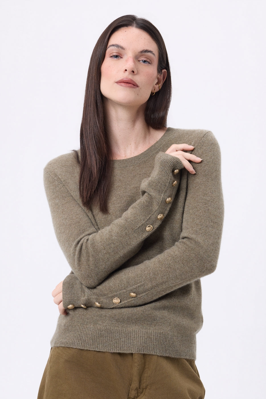 Pull Col Rond Boutons Dorés Manches Ballon Bold - Khaki Chine - Femme