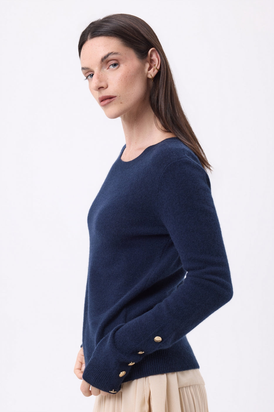 Pull Col Rond Boutons Dorés Manches Ballon Bold - Bleu Marine - Femme