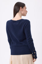Pull Col Rond Boutons Dorés Manches Ballon Bold - Bleu Marine - Femme