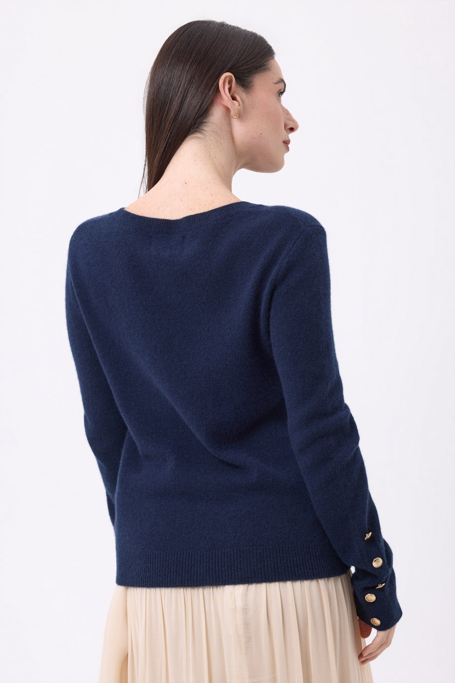 Pull Col Rond Boutons Dorés Manches Ballon Bold - Bleu Marine - Femme