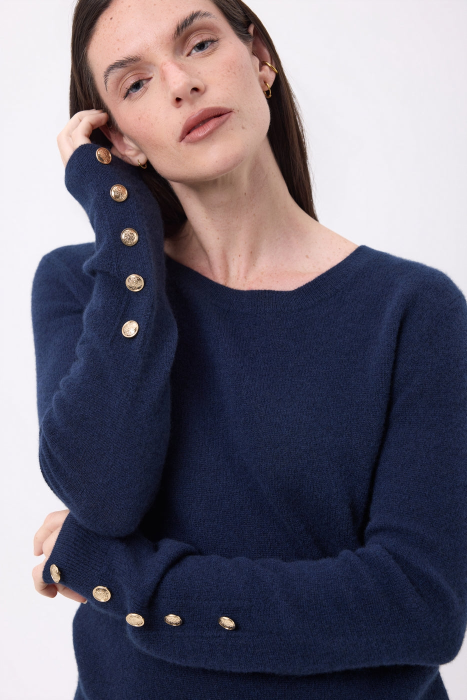 Pull Col Rond Boutons Dorés Manches Ballon Bold - Bleu Marine - Femme