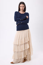 Pull Col Rond Boutons Dorés Manches Ballon Bold - Bleu Marine - Femme