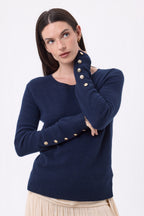 Pull Col Rond Boutons Dorés Manches Ballon Bold - Bleu Marine - Femme