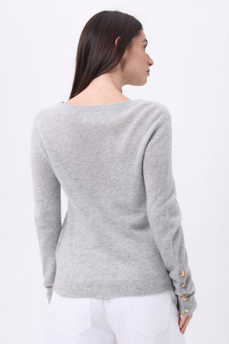 Pull Col Rond Boutons Dorés Manches Ballon Bold - Gris Clair - Femme