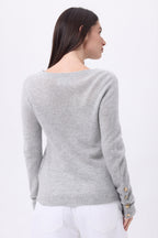 Pull Col Rond Boutons Dorés Manches Ballon Bold - Gris Clair - Femme
