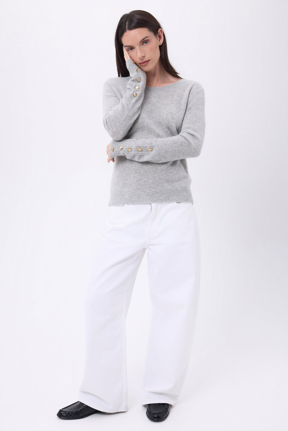 Pull Col Rond Boutons Dorés Manches Ballon Bold - Gris Clair - Femme