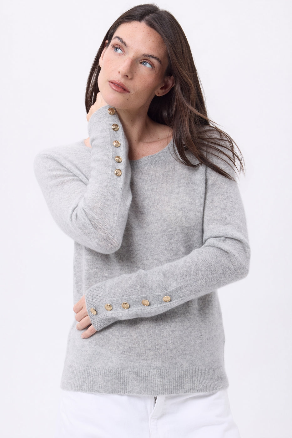 Pull Col Rond Boutons Dorés Manches Ballon Bold - Gris Clair - Femme