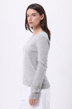Pull Col Rond Boutons Dorés Manches Ballon Bold - Gris Clair - Femme
