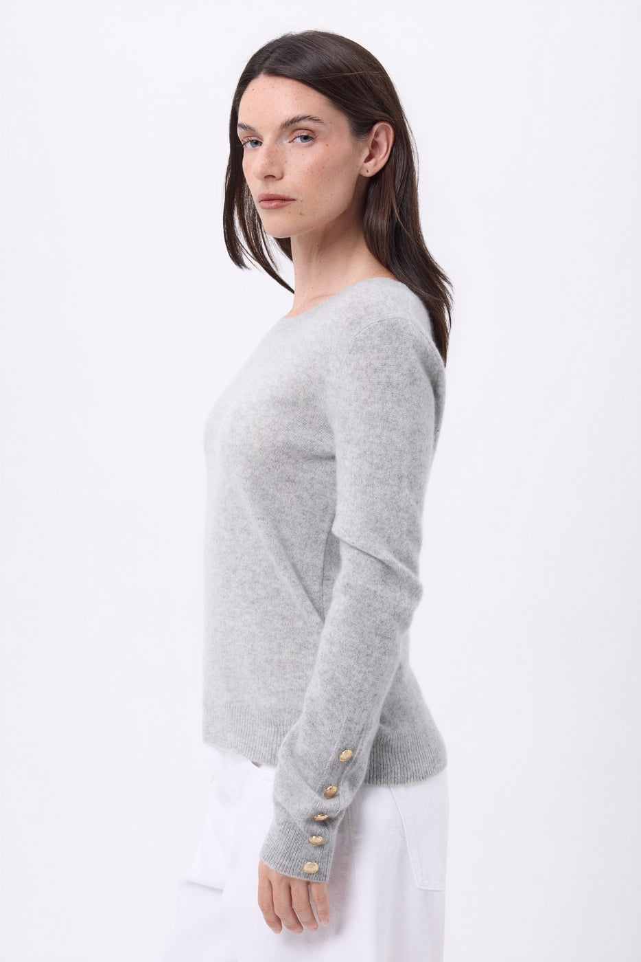 Pull Col Rond Boutons Dorés Manches Ballon Bold - Gris Clair - Femme