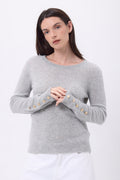 Pull Col Rond Boutons Dorés Manches Ballon Bold - Gris Clair - Femme