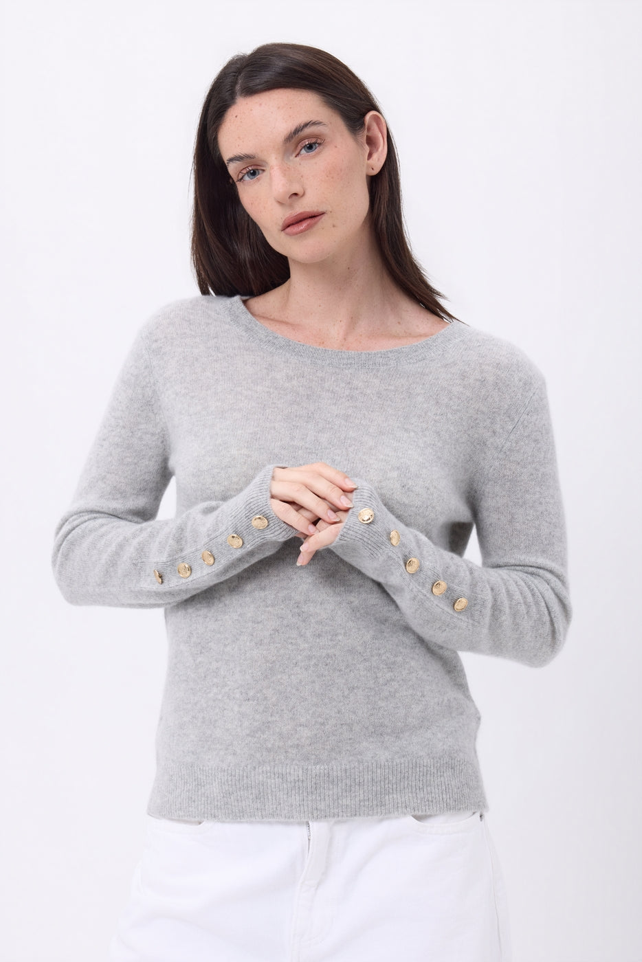 Pull Col Rond Boutons Dorés Manches Ballon Bold - Gris Clair - Femme