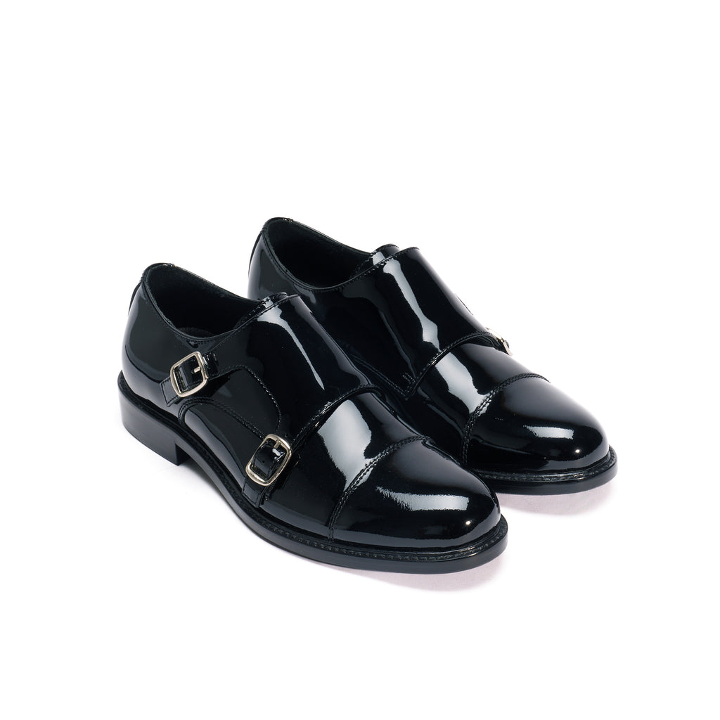 Monkstraps mit gerader Kappe - Lackleder Schwarz - Damen
