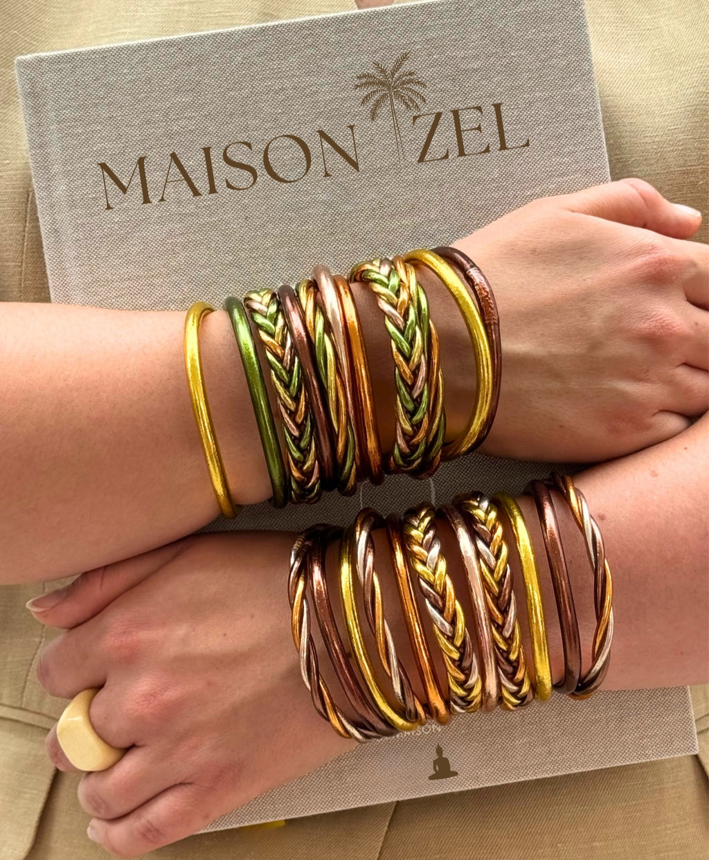 Bracelet Bouddhiste Tressé Lemon Green, Abricot, Ocre, Kaki, Light Gold