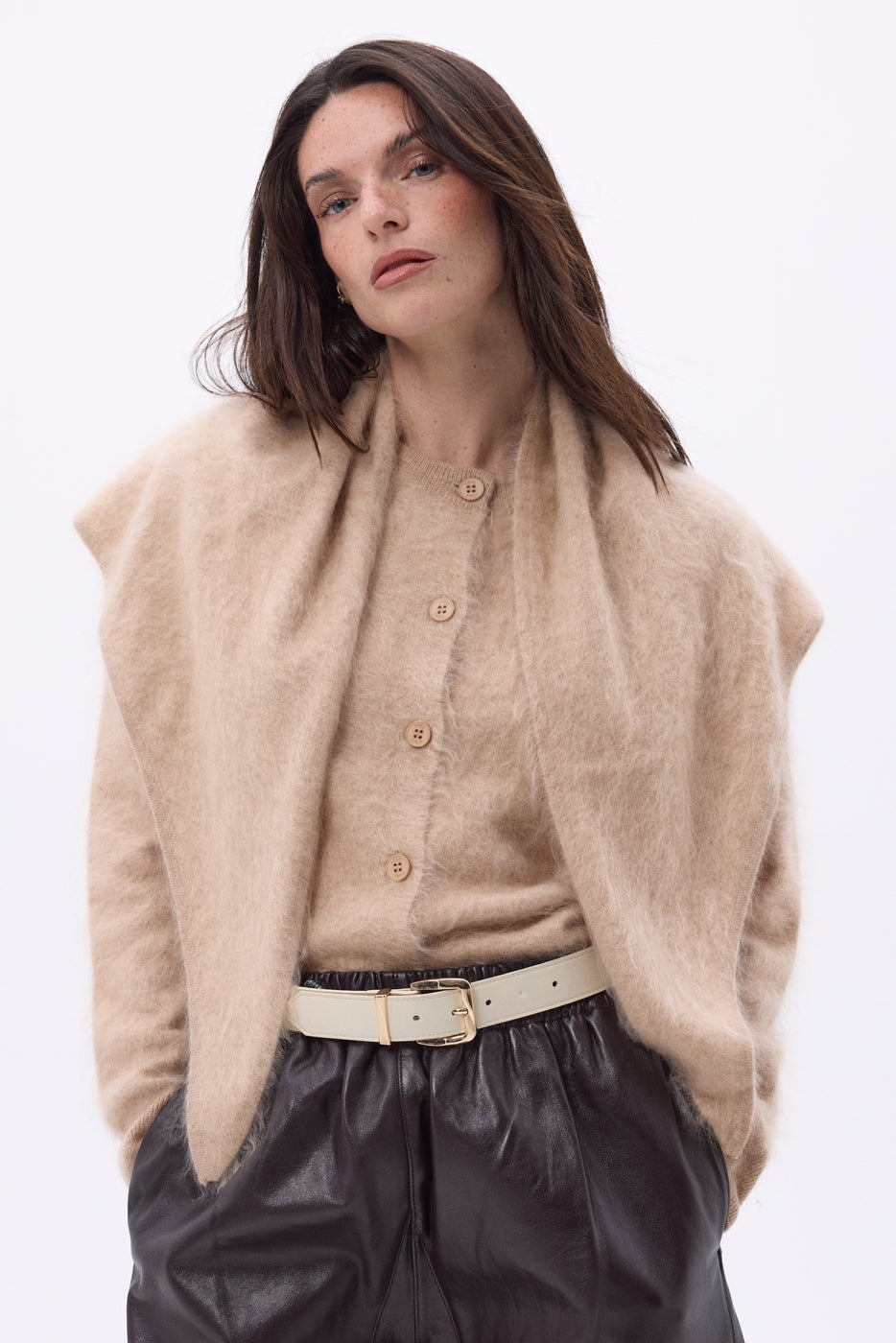 Bandana triangular oversize – Cachemira cepillada Brea - Beige crema - Mujer