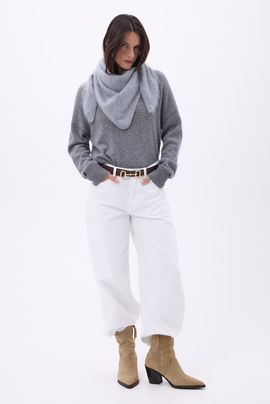 Bandana triangular oversize – cachemira cepillada Brea - gris claro - mujer