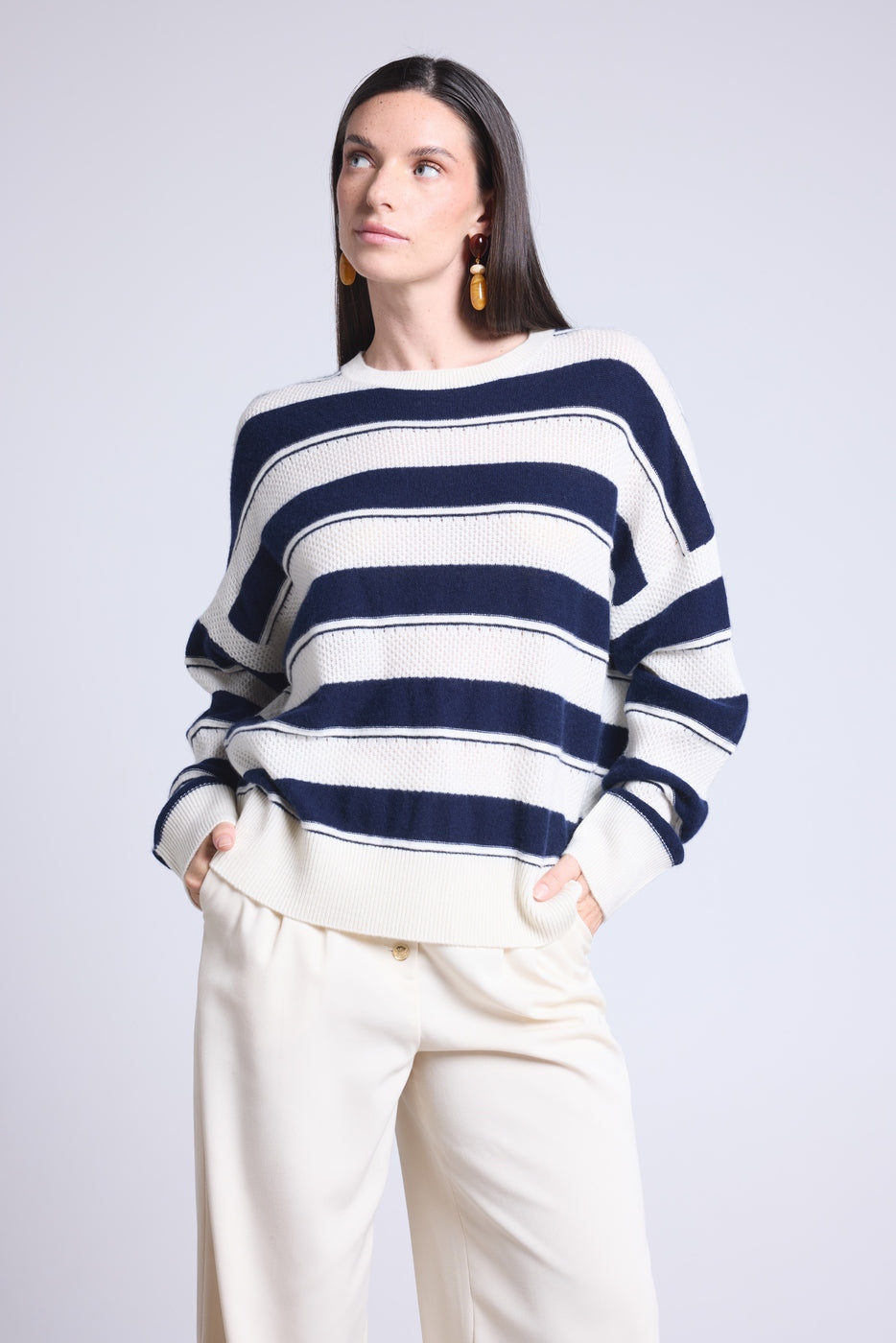 Jersey de cuello redondo con textura a rayas Bridget - Azul marino y blanco - Mujer