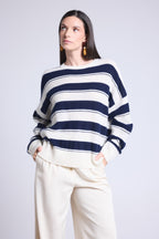 Jersey de cuello redondo con textura a rayas Bridget - Azul marino y blanco - Mujer