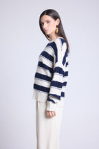 Jersey de cuello redondo con textura a rayas Bridget - Azul marino y blanco - Mujer