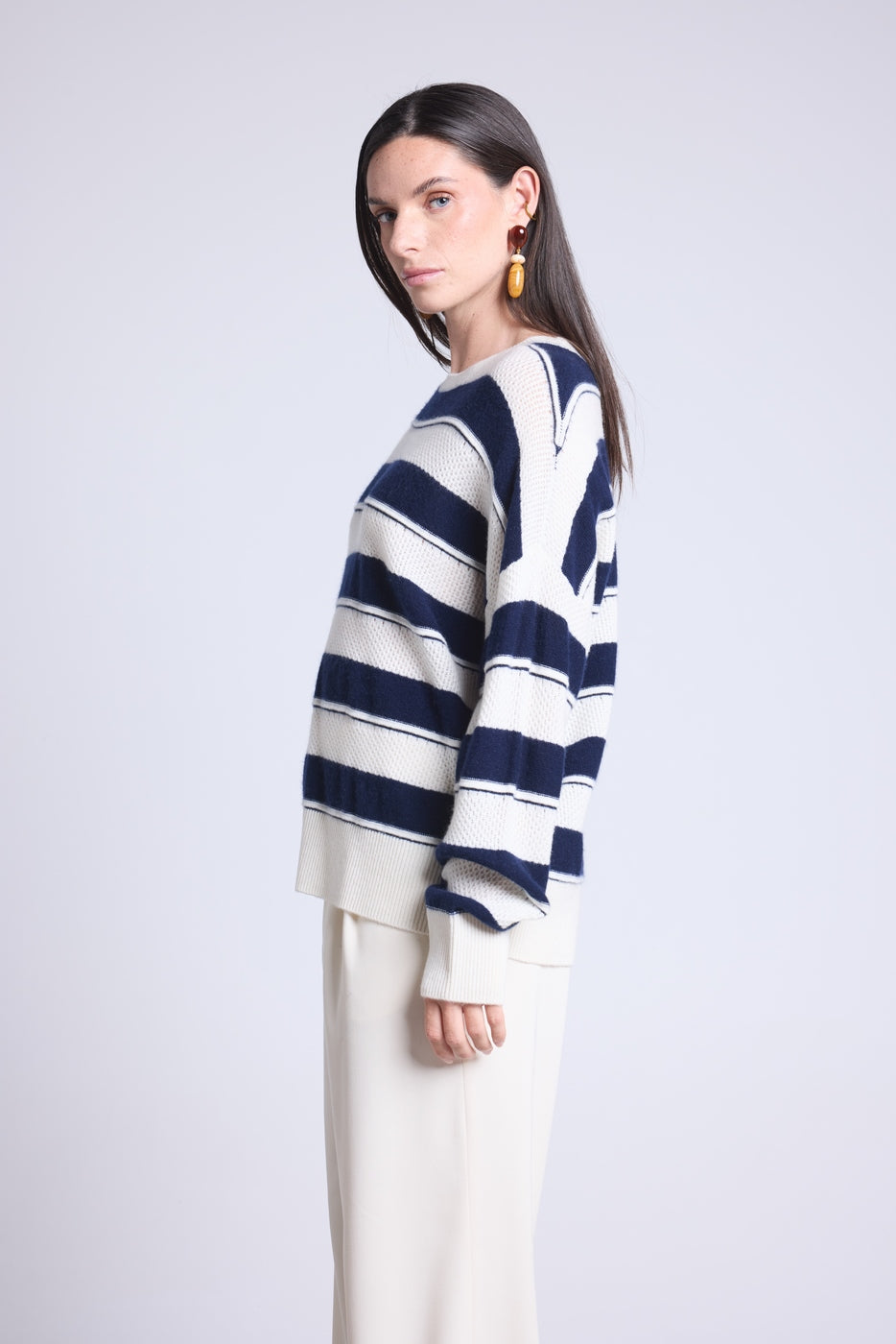 Jersey de cuello redondo con textura a rayas Bridget - Azul marino y blanco - Mujer