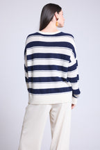 Jersey de cuello redondo con textura a rayas Bridget - Azul marino y blanco - Mujer