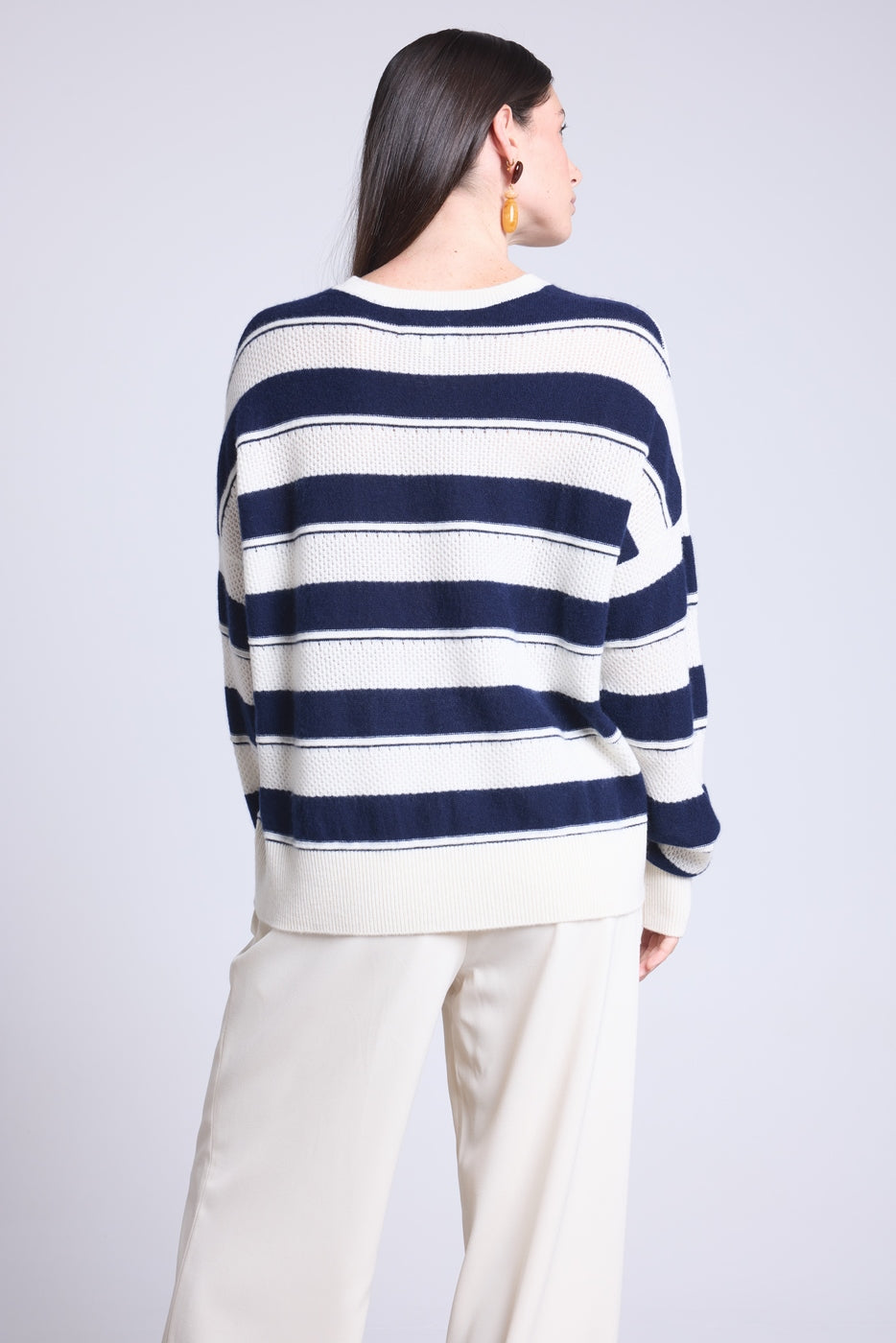 Jersey de cuello redondo con textura a rayas Bridget - Azul marino y blanco - Mujer