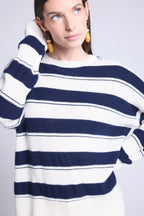 Jersey de cuello redondo con textura a rayas Bridget - Azul marino y blanco - Mujer