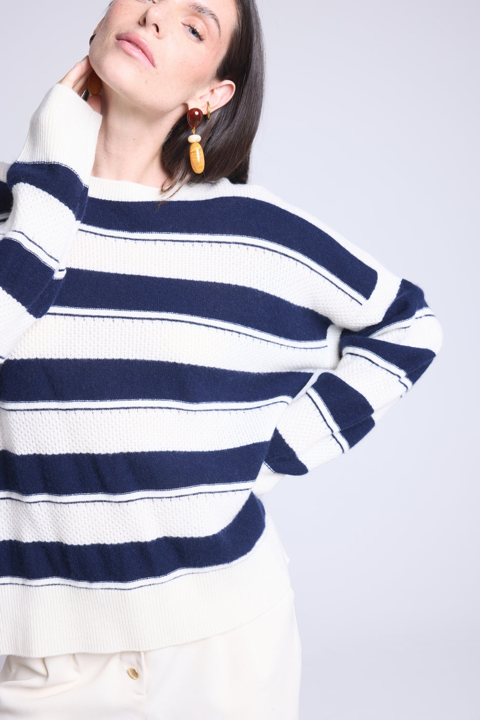 Jersey de cuello redondo con textura a rayas Bridget - Azul marino y blanco - Mujer