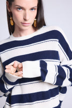 Jersey de cuello redondo con textura a rayas Bridget - Azul marino y blanco - Mujer