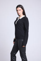 Jersey de cuello polo con botones Brume - Negro blanco - Mujer