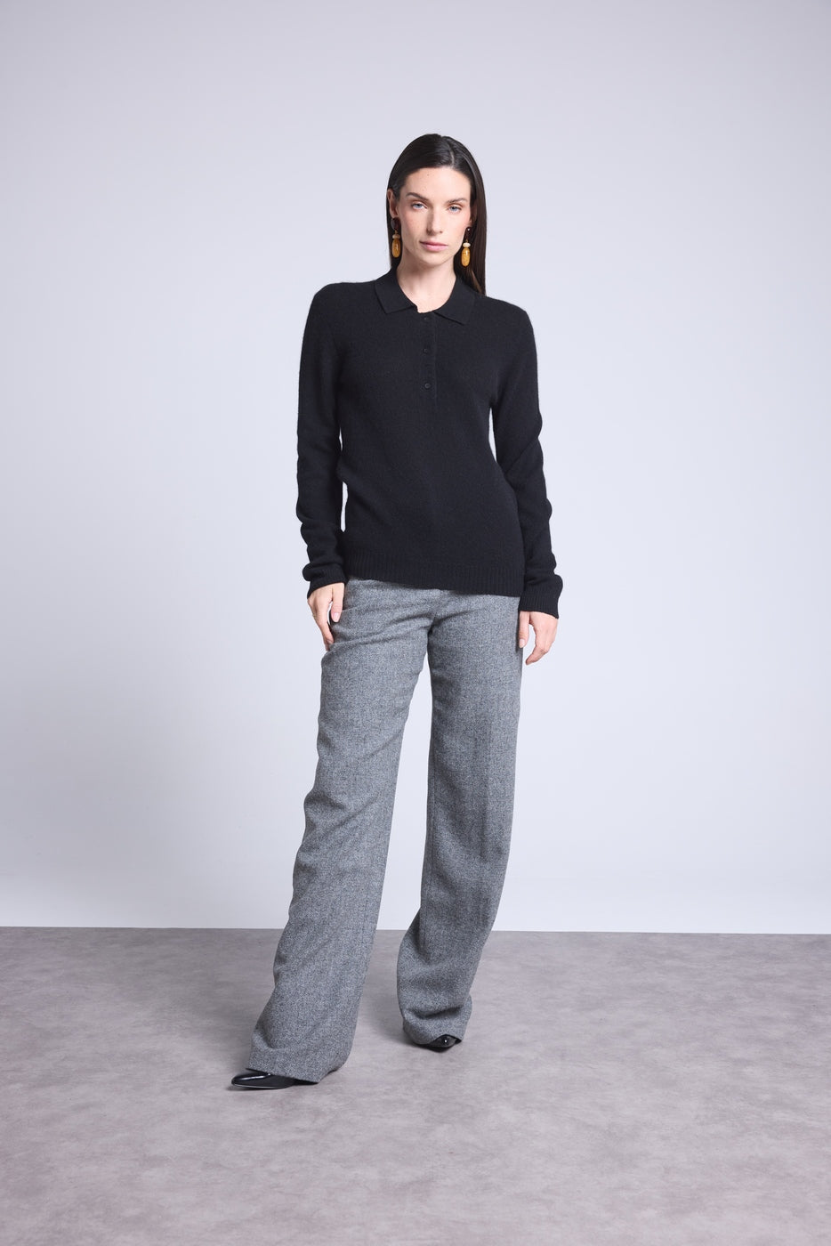 Pull Col Polo Boutons Brume - Noir - Femme