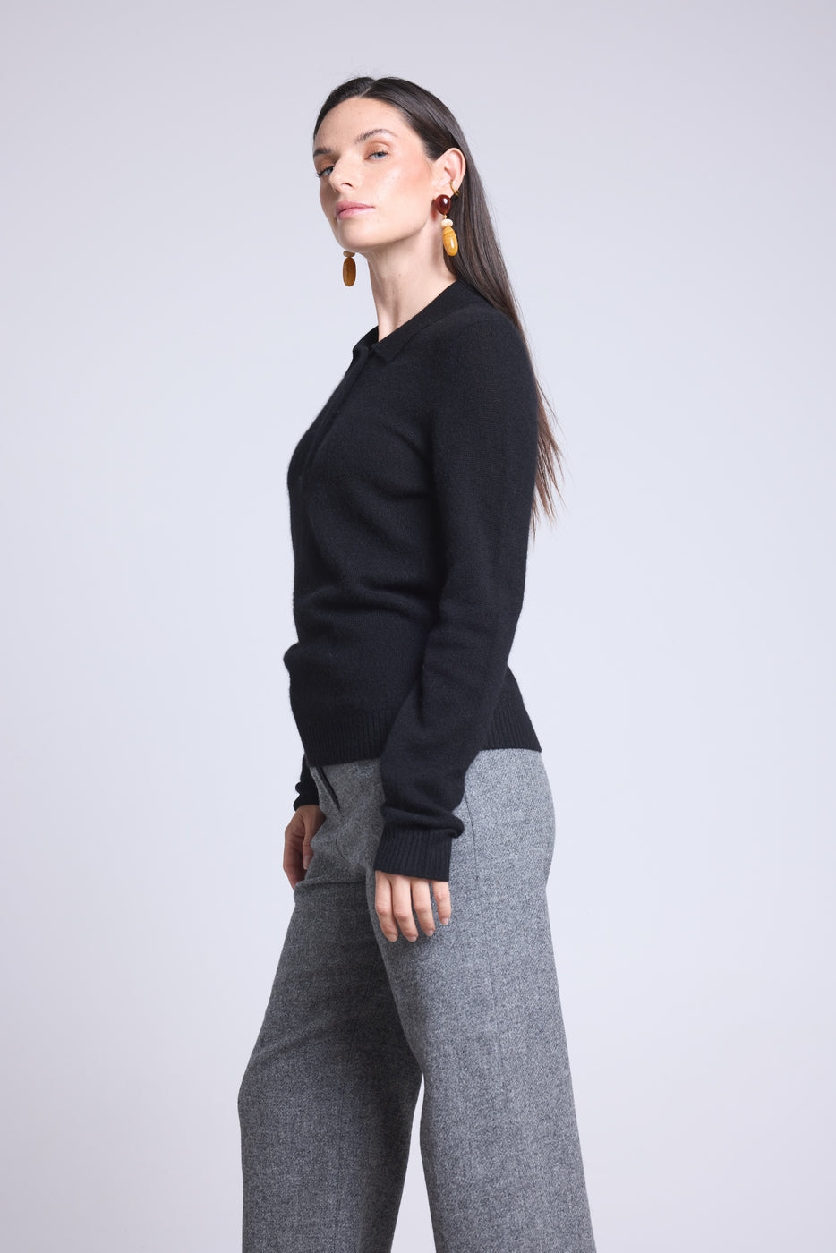 Pull Col Polo Boutons Brume - Noir - Femme