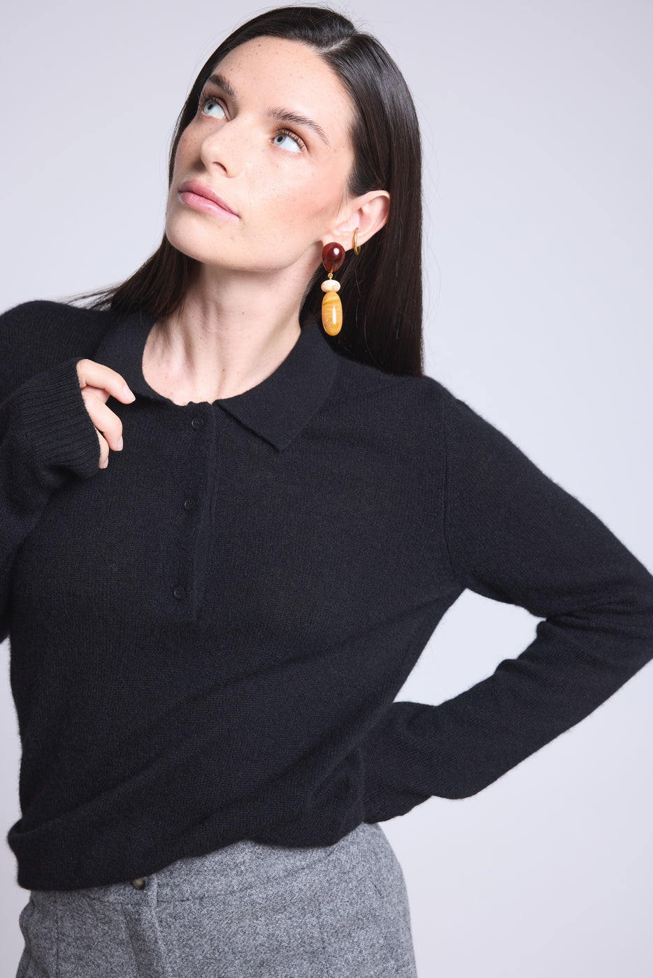 Pull Col Polo Boutons Brume - Noir - Femme