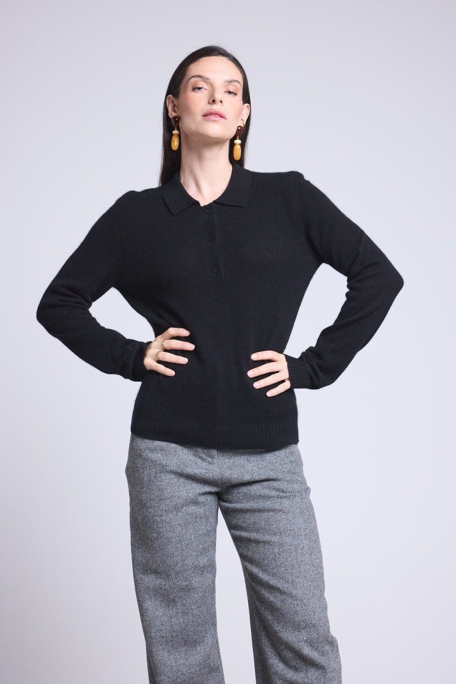 Pull Col Polo Boutons Brume - Noir - Femme