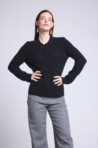 Pull Col Polo Boutons Brume - Noir - Femme