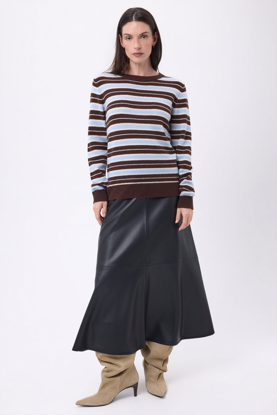 Pull Col Rond À Rayures Brume - Bleu Ciel, Brown, Blanc - Femme