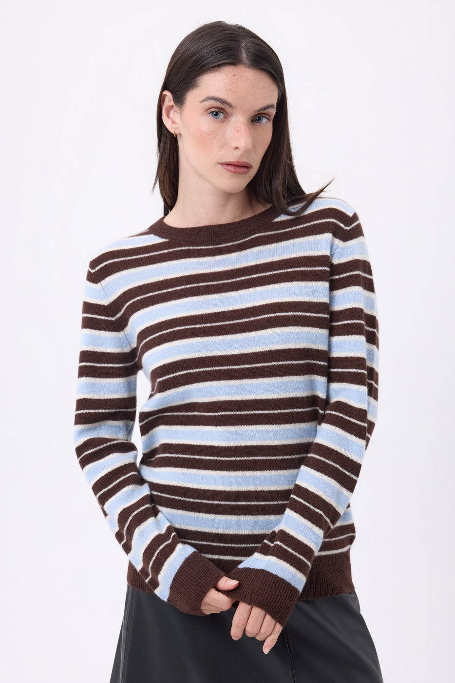 Pull Col Rond À Rayures Brume - Bleu Ciel, Brown, Blanc - Femme