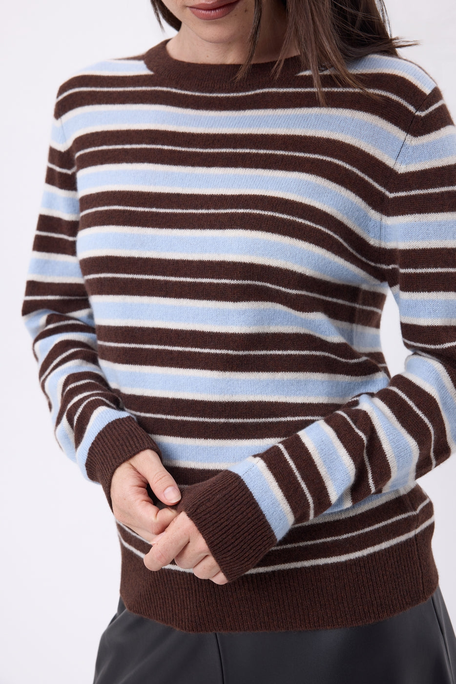 Pull Col Rond À Rayures Brume - Bleu Ciel, Brown, Blanc - Femme
