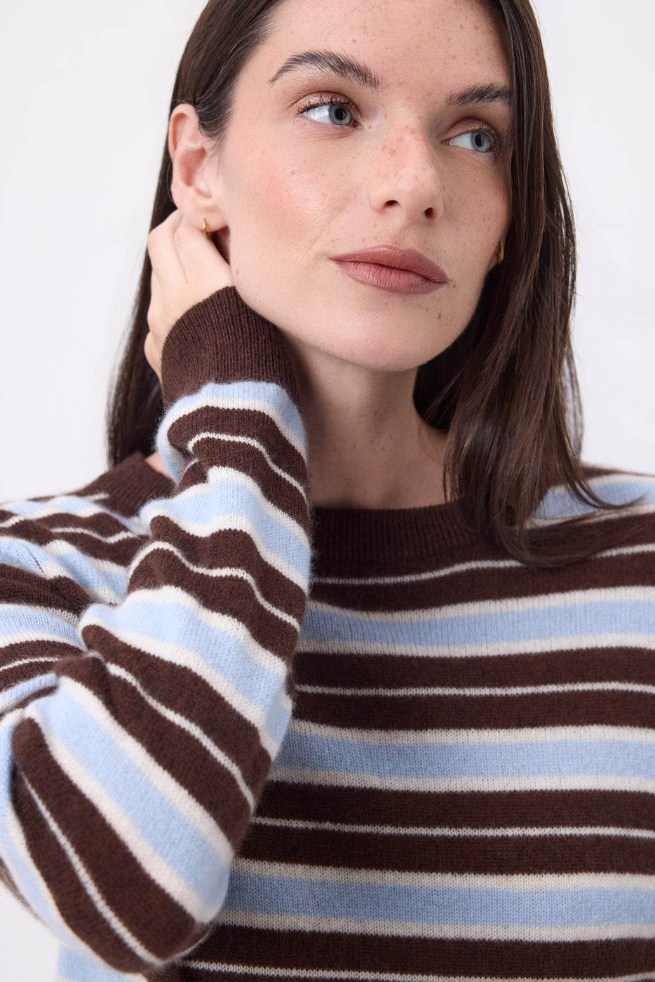 Pull Col Rond À Rayures Brume - Bleu Ciel, Brown, Blanc - Femme
