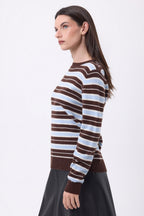 Pull Col Rond À Rayures Brume - Bleu Ciel, Brown, Blanc - Femme