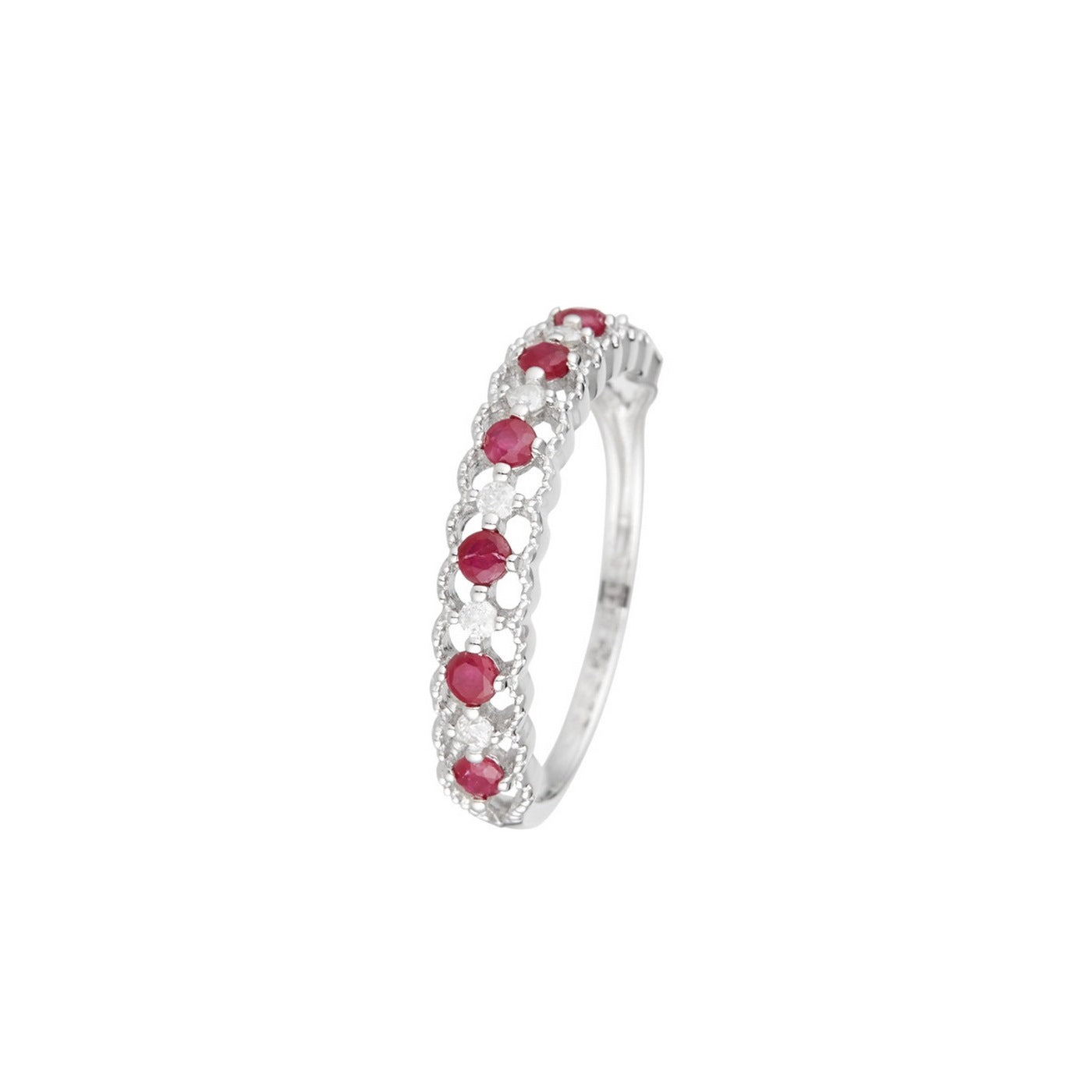Anillo “Koh Samui” Diamantes 0.09/6 y Rubí 0.39/7 – Oro blanco 375/1000