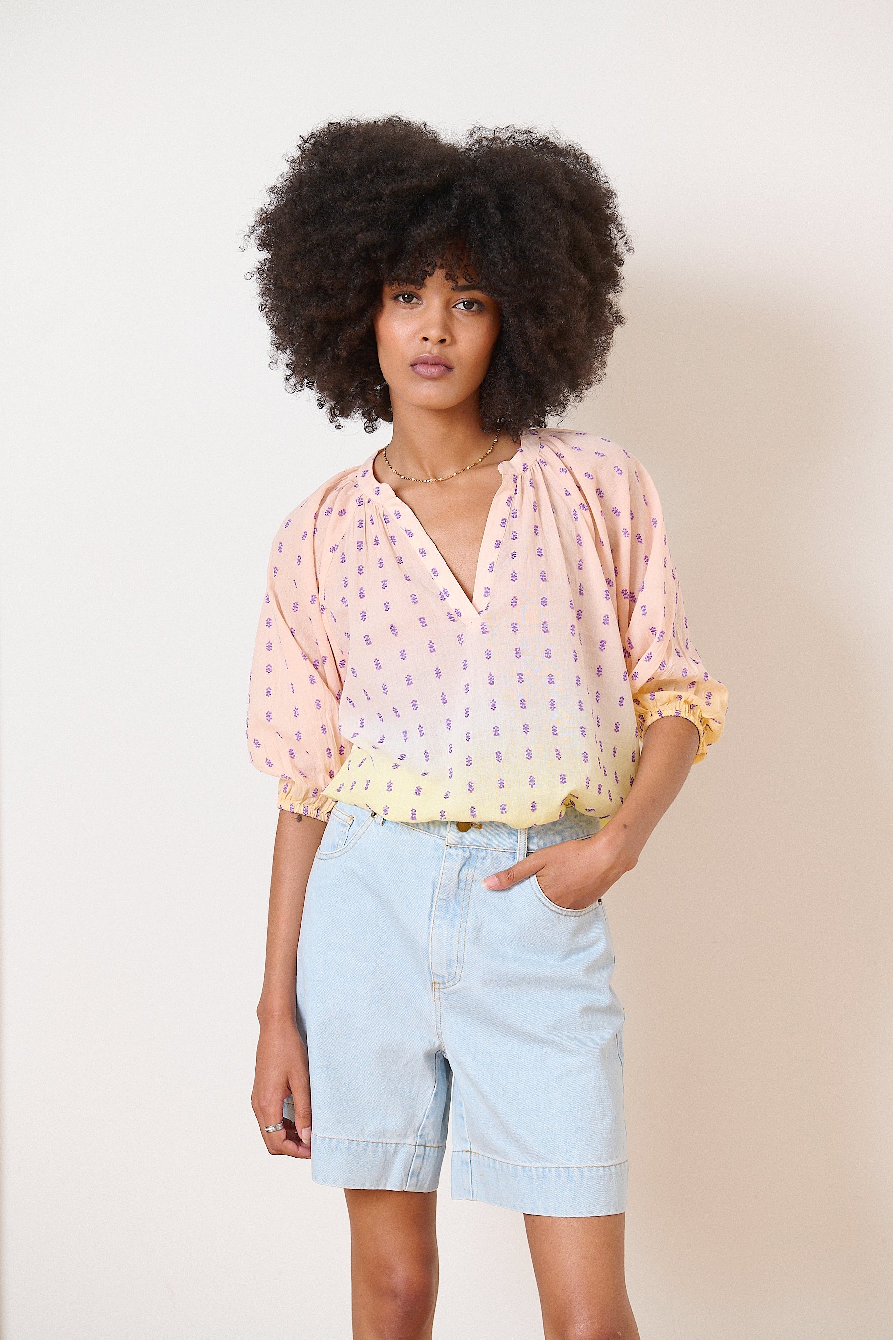 Yellow blouse in plumetis embroidery, V-neck, 3/4 elastic sleeves, artisanal dip dye, women's clothing