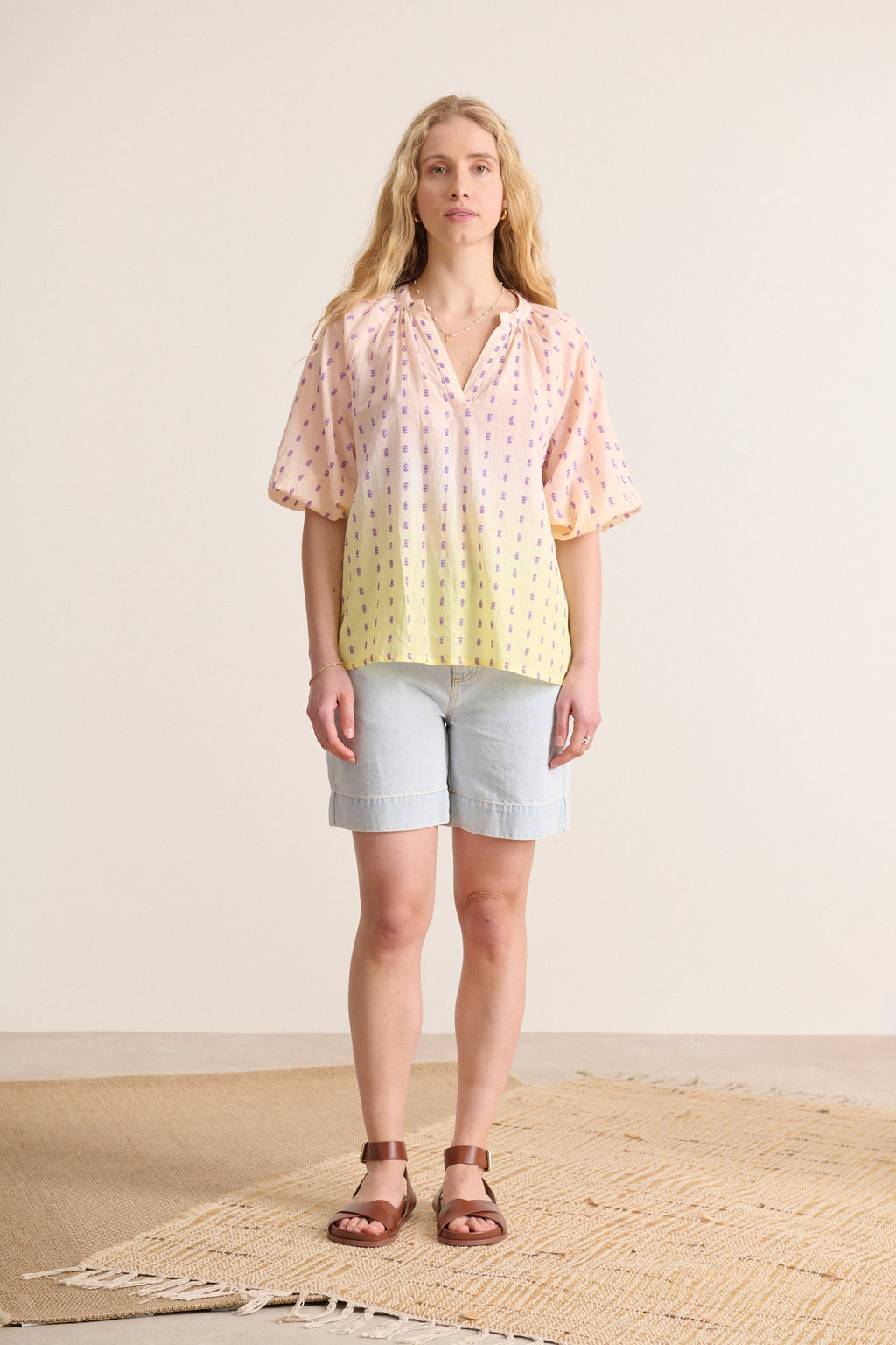 Light yellow blouse, V-neck, elasticated sleeves, plumetis details and artisanal dip dye, women's clothing