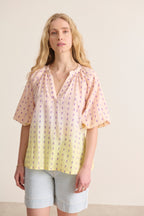 Handmade yellow dip dye blouse, V-neck, 3/4 elasticated sleeves, refined plumetis embroidery Garance Paris