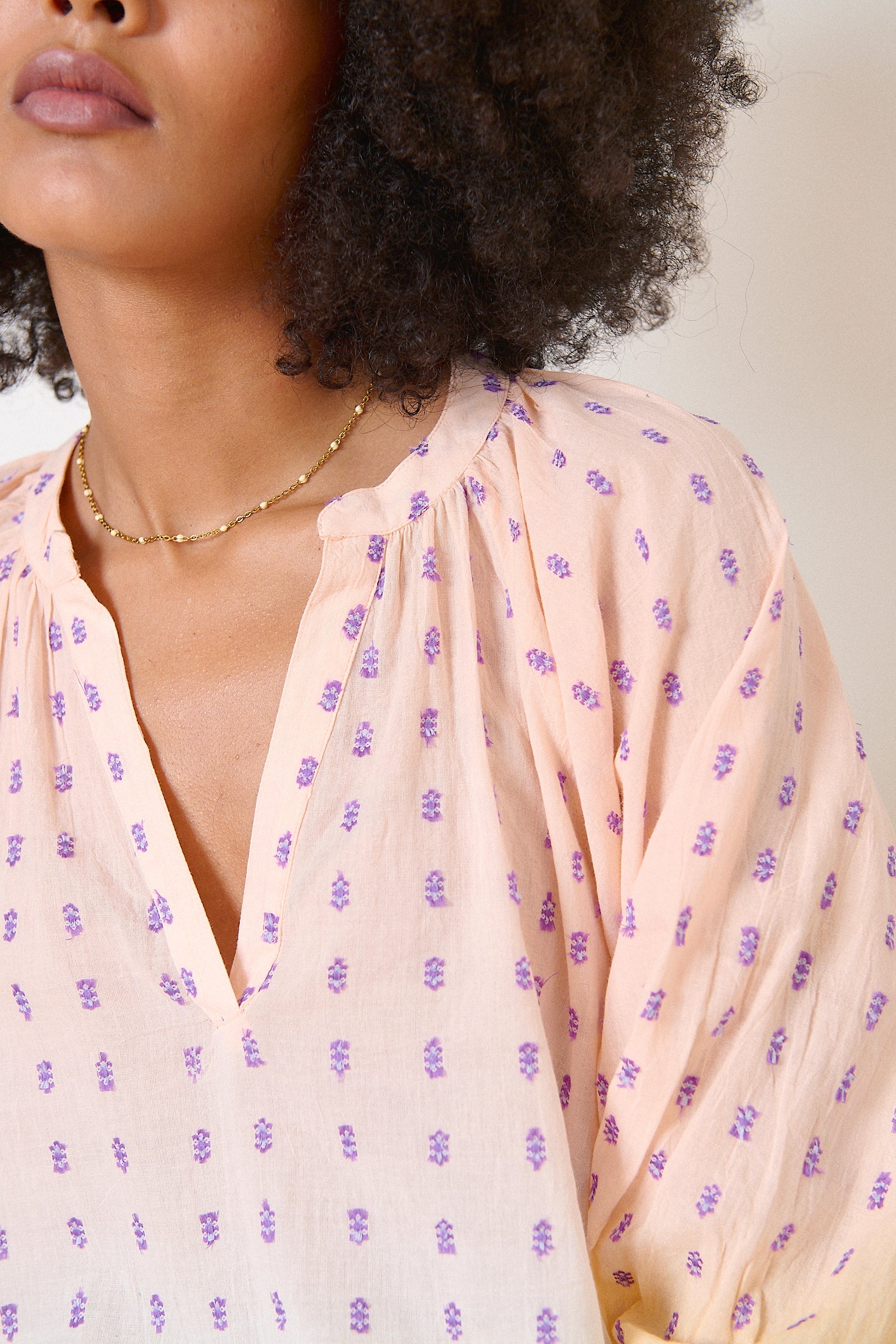 Yellow V-neck blouse, 3/4 elasticated sleeves, plumetis embroidery, handmade dip dye effect Garance Paris