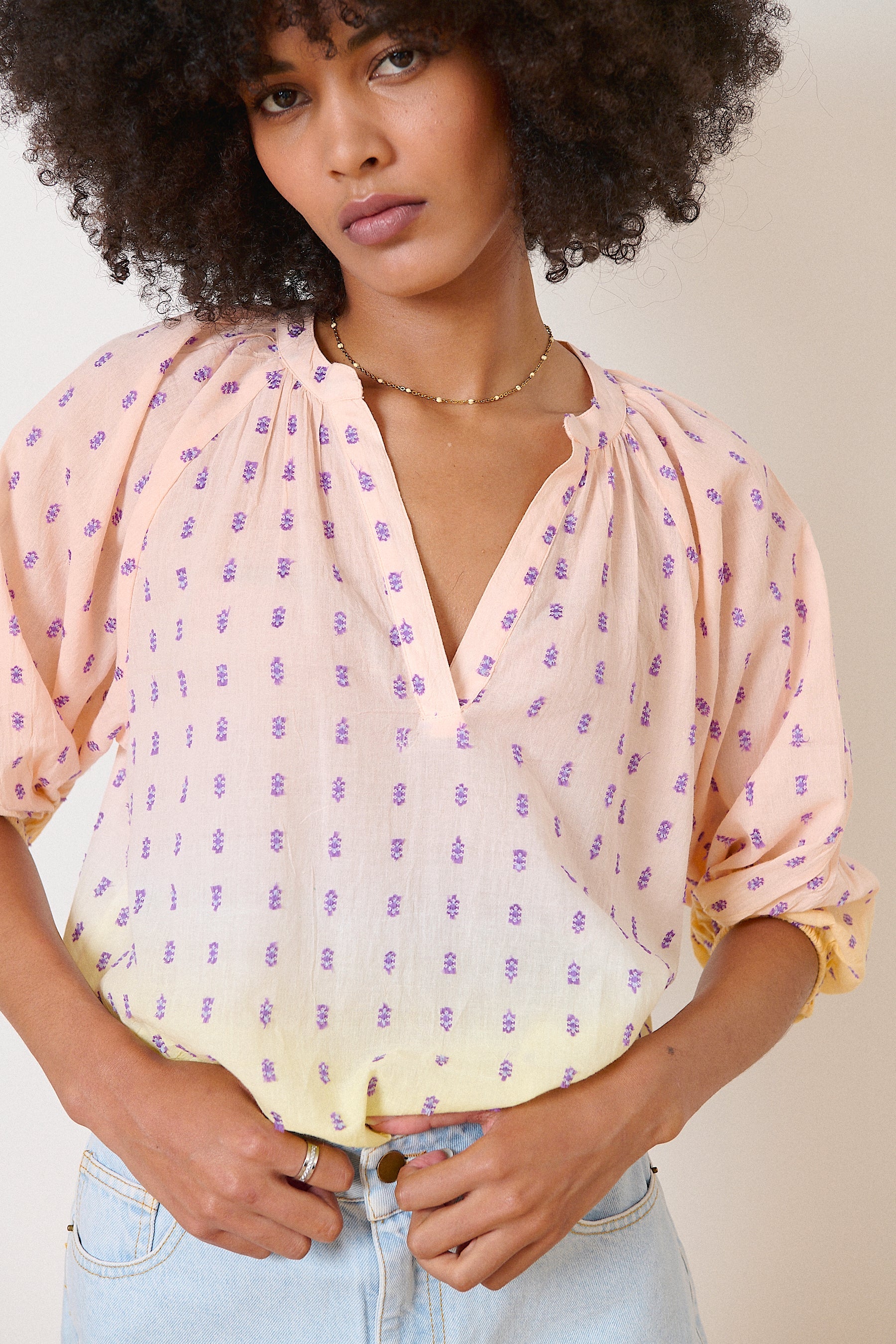 Yellow blouse with plumetis embroidery, elegant V-neck, elasticated 3/4 sleeves, subtle dip dye shade, summer collection