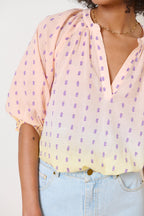 Yellow V-neck blouse, 3/4 sleeves, delicate plumetis embroidery, artisanal dip dye, trendy women's clothing